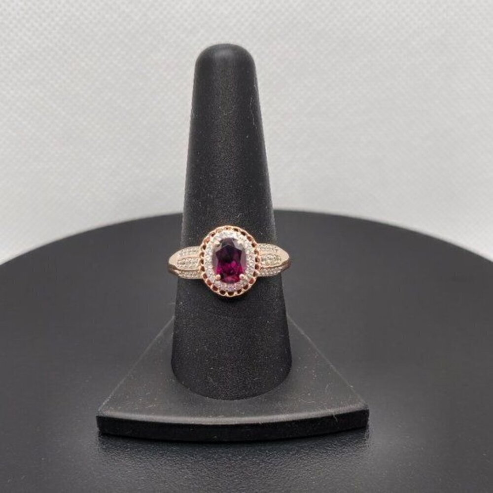 Red Garnet and White Zircon Halo Ring‎ in Rose Gold Over Sterling Silver Size 9